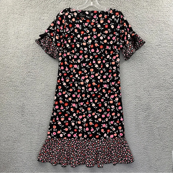 Talbots Short Sleeve Shift Dress Floral Ruffle Black Pink Career Workwear Wmn 2 - Picture 1 of 9